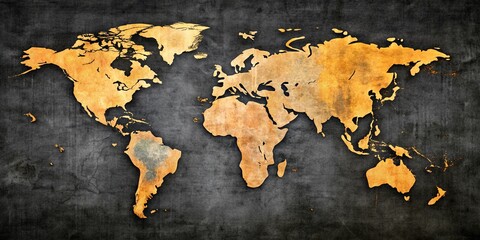 Vintage Greyscale World Map on Black Background - Antique Style Geography Stock Photo