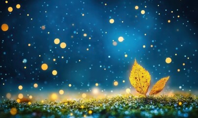 Naklejka premium Magical autumn leaves glowing in dark night, bokeh background, suitable for greeting card