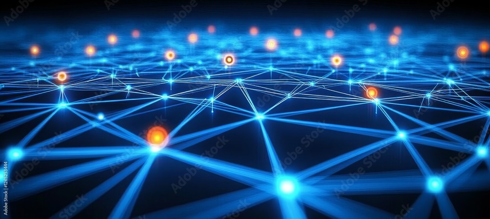 Poster abstract network of interconnected nodes and lines on a dark blue background with bokeh effect