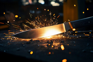 Sparks fly as knife strikes metal in workshop