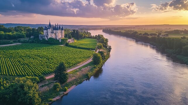 Loire Valley sunset castle vineyard aerial