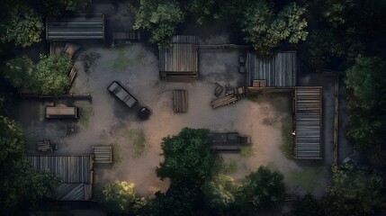 Aerial view of a rustic settlement surrounded by dense trees, showcasing an abandoned vehicle and structures