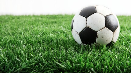 Fototapeta premium sports photography image featuring a soccer ball on a vibrant grassy field with a white background ideal for commercial use