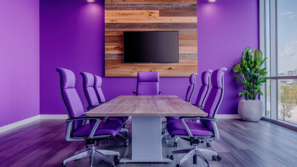 Modern conference room with purple walls and stylish furniture