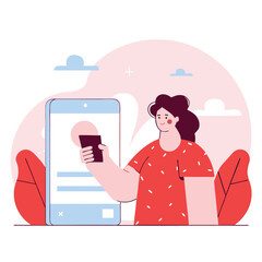 A digital illustration of a person, likely european, holding a smartphone outdoors with plants in the background. It's a flat, cartoon style design.