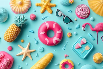A fashionable summer pattern composed of diverse summer objects on a vivid light blue background, capturing a minimal summer getaway vibe
