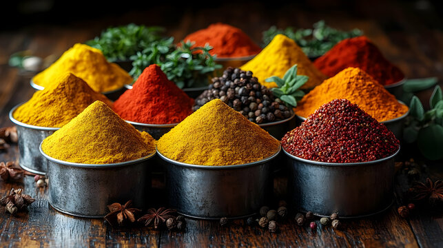 Assorted Colorful Spices In Metal Bowls On Wooden Surface