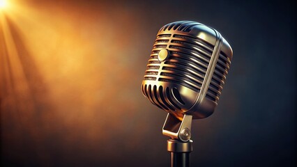 Vintage Metallic Microphone on Stand, Low Light Photography, Classic Grill Design