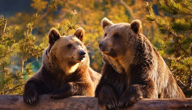 dos osos macho y hembra sobre un tronco grande tumbado en el suelo, mirando el bosque