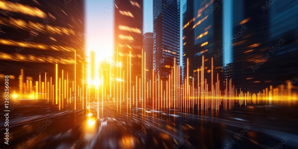 Aufkleber a vibrant cityscape at sunset with dynamic soundwave graphics, blending urban architecture and audio