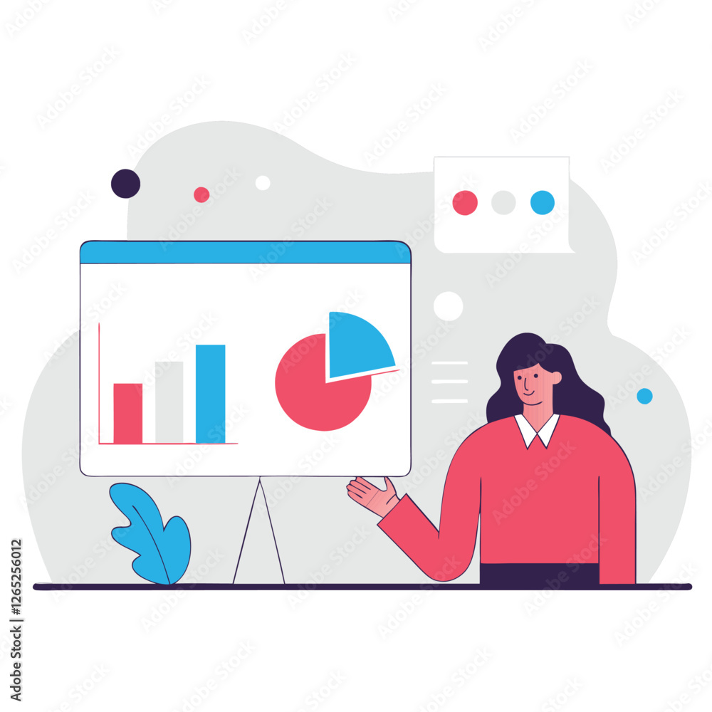 Poster a digital illustration featuring a diverse team of professionals presenting graphs and data during a