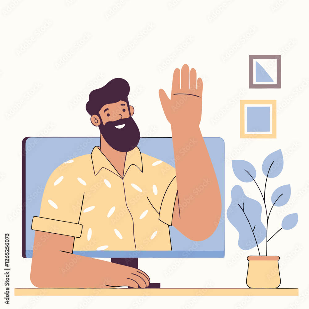 Poster a digital illustration of a person with a beard waving from behind a desk. the person appears relaxe