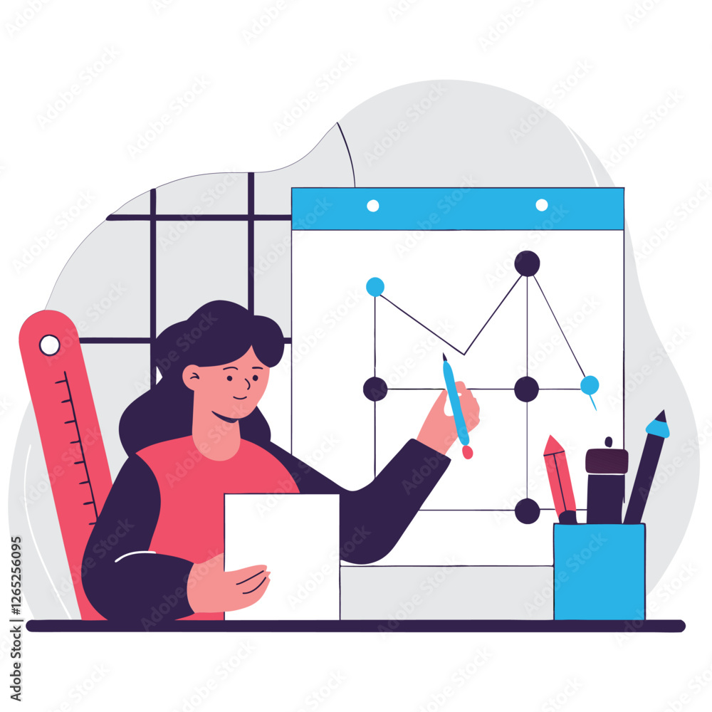 Poster a skilled woman focuses on data visualization in a creative workspace, with colorful tools and a cha