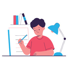 A focused girl of Asian descent writing notes at a desk surrounded by books and a lamp, showcasing creativity and diligence in a modern study setting.