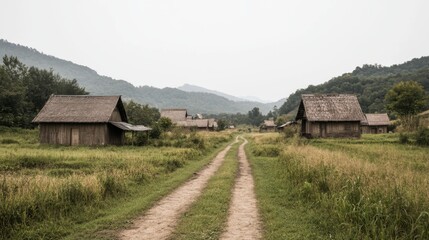 Fototapeta premium Rural Village Road Through Rice Fields