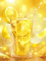 Refreshing Lemonade Soda with Sliced Lemons and Splash on Bright Background