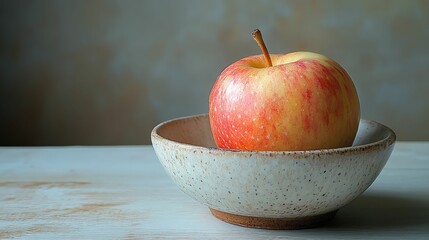 Red apple rests in rustic ceramic bowl