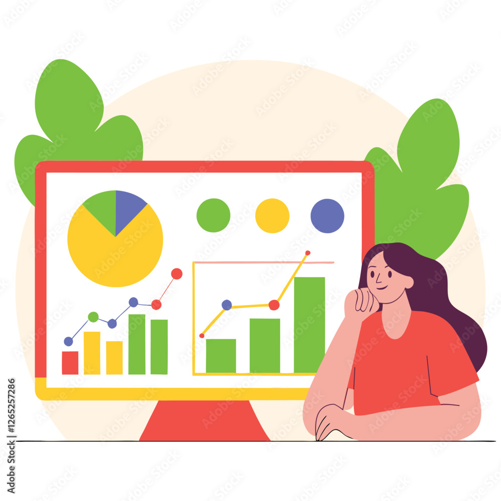 Aufkleber a creative illustration depicting a person reflecting on business data with charts and graphs. the d