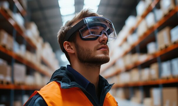 Augmented Reality Picking warehouse workers wearing AR glasses or headsets, which provide real-time picking instructions and navigation cues for faster and more accurate order, Generative AI