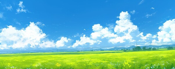 Fototapeta premium A serene landscape featuring a bright blue sky with fluffy clouds above a vibrant green field, creating a peaceful and refreshing atmosphere.
