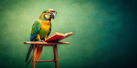 Vintage Parrot Scholar: Smart Bird Reading Book on Stool, Green Background