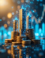 Stacks of gold coins form a city skyline with glowing digital elements against a dark background. Depicts finance, investment, and digital economy. Ideal for business, technology, or futuristic themes