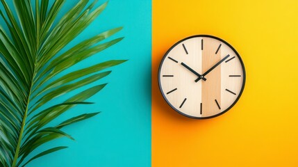Modern Clock Design with Green Plant Against Colorful Background