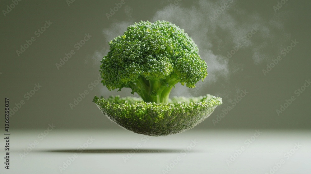 Poster vibrant green broccoli appears to float effortlessly above a smooth white surface, surrounded by a d