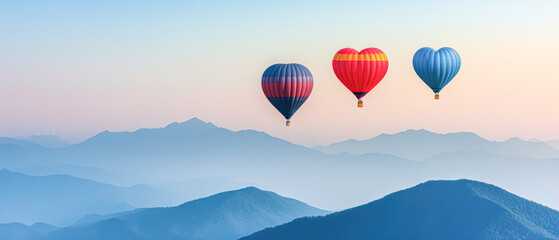 Hot air balloons floating above mountains at sunrise travel photography