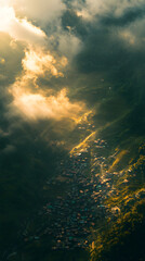 Obraz premium Chinese village, terraced fields, sunrise, misty morning 