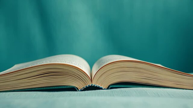 Close-Up Overview of Open Book on Blue Background in Super Slow Motion with Probe Lens for Education or Graphic Design Focused on Knowledge, Learning, Minimalism, and Elegant Composition