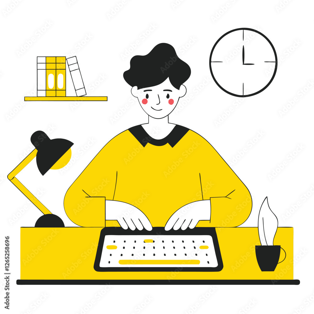 Poster a person of european descent working at a desk with a computer, lamp, and bookshelf. the scene is il