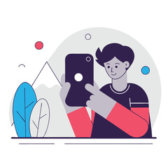 An illustration showcasing a young African person taking a selfie with a smartphone, surrounded by abstract shapes and colors in a flat cartoon style.