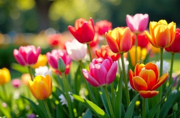 Fototapeta premium Lots of tulips of different colors in a flower bed on a summer day, a tulip festival.