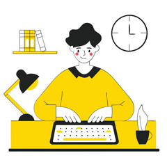 A person of European descent working at a desk with a computer, lamp, and bookshelf. The scene is illustrated in a flat, cartoon style with a calm vibe.
