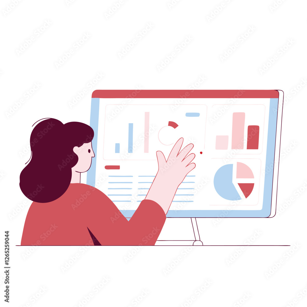Poster a european woman is examining data on a computer screen filled with graphs and charts, demonstrating
