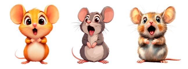 Set of cartoon surprised mouse isolated on transparent background.