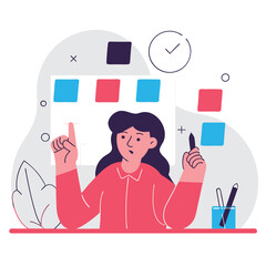 A cartoon-style illustration of a young european woman in a creative workspace, engaged in brainstorming with pens and notes.