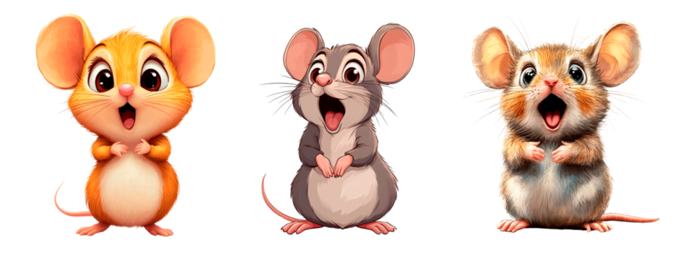 Set of cartoon surprised mouse isolated on transparent background.