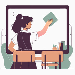 A young European girl is cleaning a desk in a cartoon-style illustration. She is focused on her task and surrounded by colorful stationery.