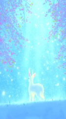 Obraz premium A pure white male deer adorned with pastel spots that radiate nobility