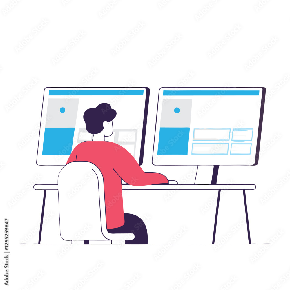 Poster an illustration depicting a person working at a desk with two monitors. the character appears focuse
