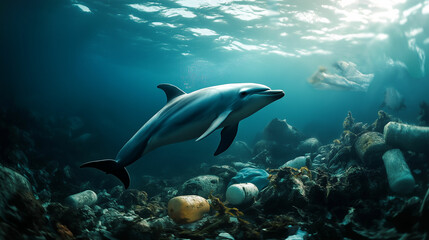 Fototapeta premium Dolphins swimming gracefully through ocean debris highlighting environmental challenges in marine habitats. Generative AI