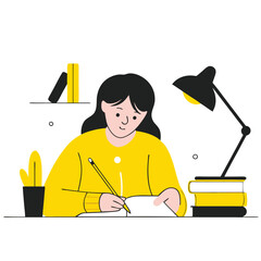 A woman of European descent is focused on drawing at her desk, surrounded by art supplies and a lamp. The scene is in a flat, cartoon style with blue tones.