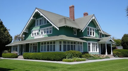 Green Craftsman home, sunny day, landscaped yard, real estate