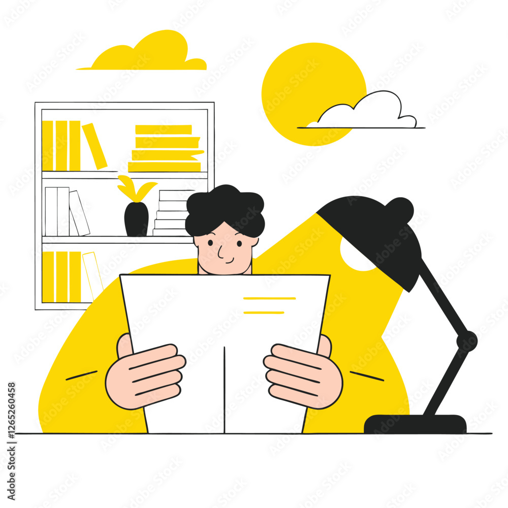 Poster a person of european descent is reading in a cozy workspace, surrounded by books and a lamp that cas