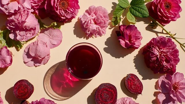 Bright pink flowers and beetroot surround a glass of vibrant drink on a light background in a colorful summer arrangement
