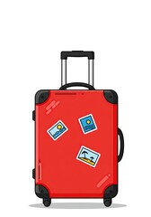 Red Suitcase with Travel Stickers - Flat Vector Illustration of Holiday Baggage on a White Background.