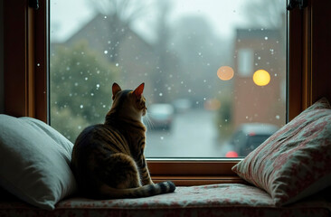 The cat is sitting next to a large window and looking out at the city, it's cloudy and raining outside.