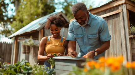 Gardening together in a community garden with family and friends on a sunny day. Generative AI